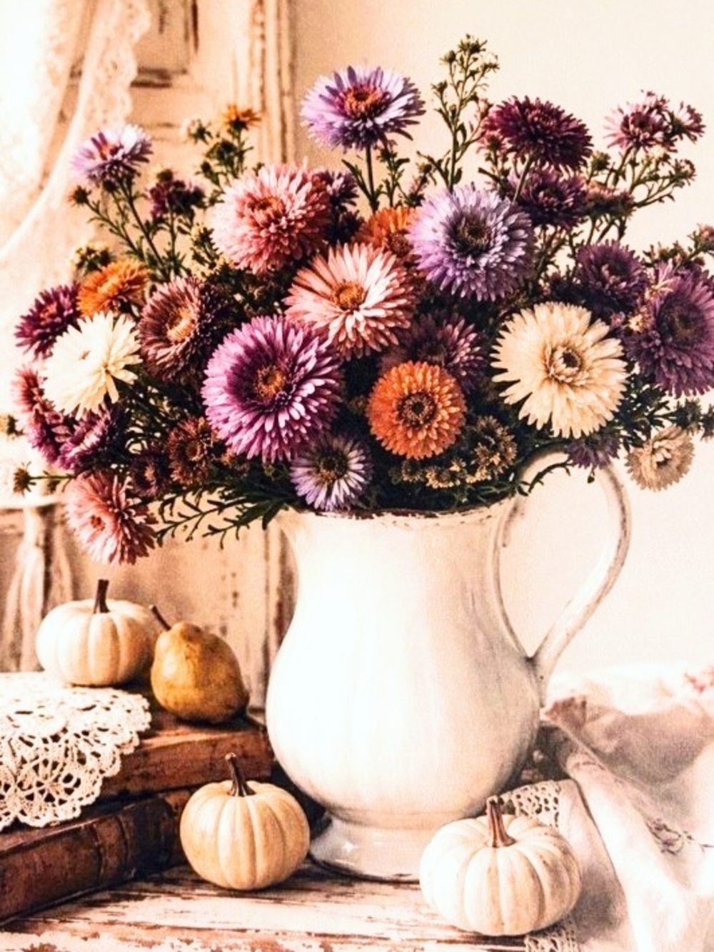 White Pitcher Vase with Mixed Purple and Cream Faux Flowers 8x10 Print